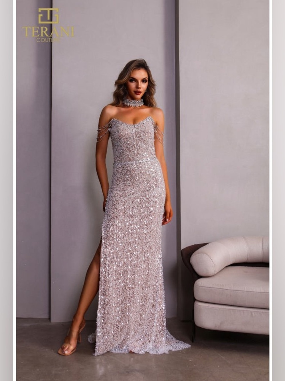 NWT TERANI COUTURE 251P4329 Gown in Silver Nude ~ Size 10 | MSRP $600